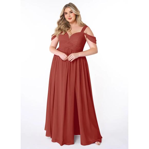 Azazie Lianne Terracotta size A10 A-Line Off the Shoulder Chiffon Dress - Picture 4 of 9